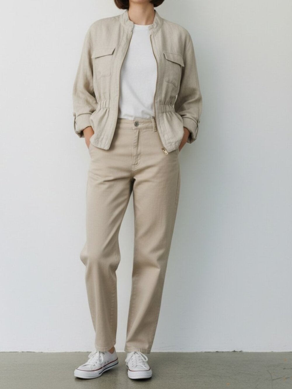 Ellen Tracy Taupe Full Zip Linen Gorpcore Utility Jacket Cinched Pockets Size S